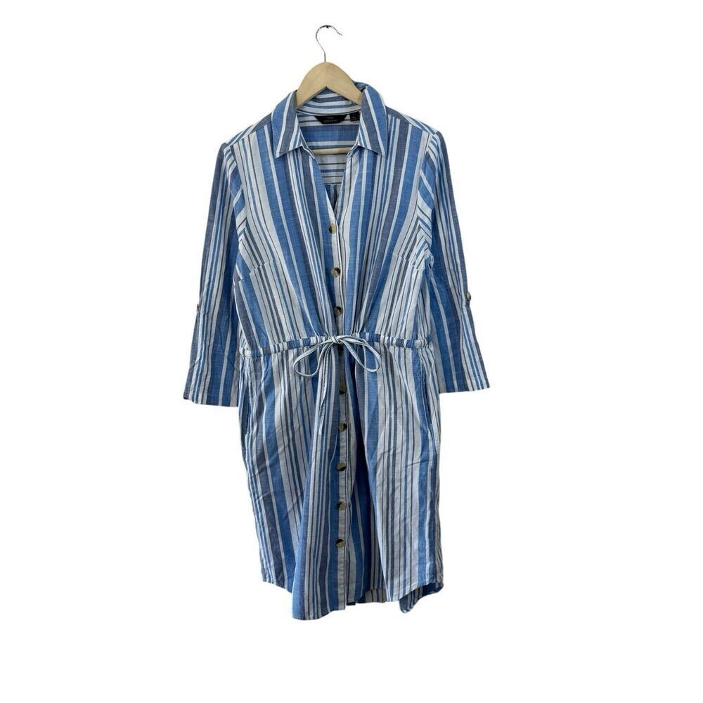 Mlle Gabrielle Large Button Front Dress Striped Cotton Roll Tab Sleeves Womens